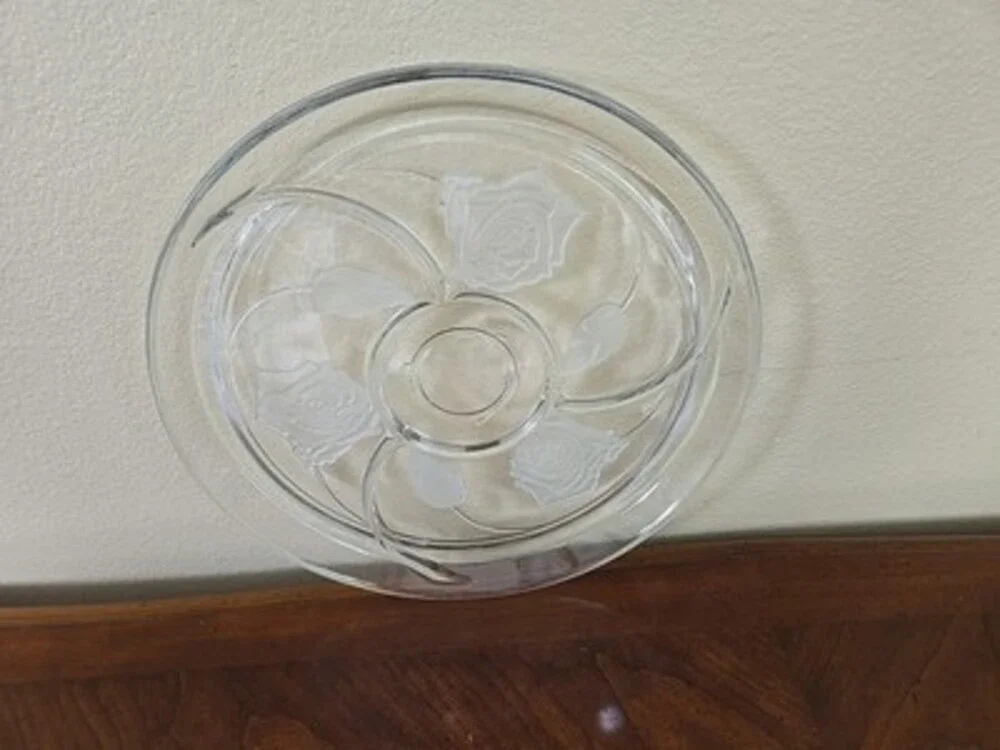 Indiana Glass Pressed Frosted Rose Divided  13” Appetizer Tray